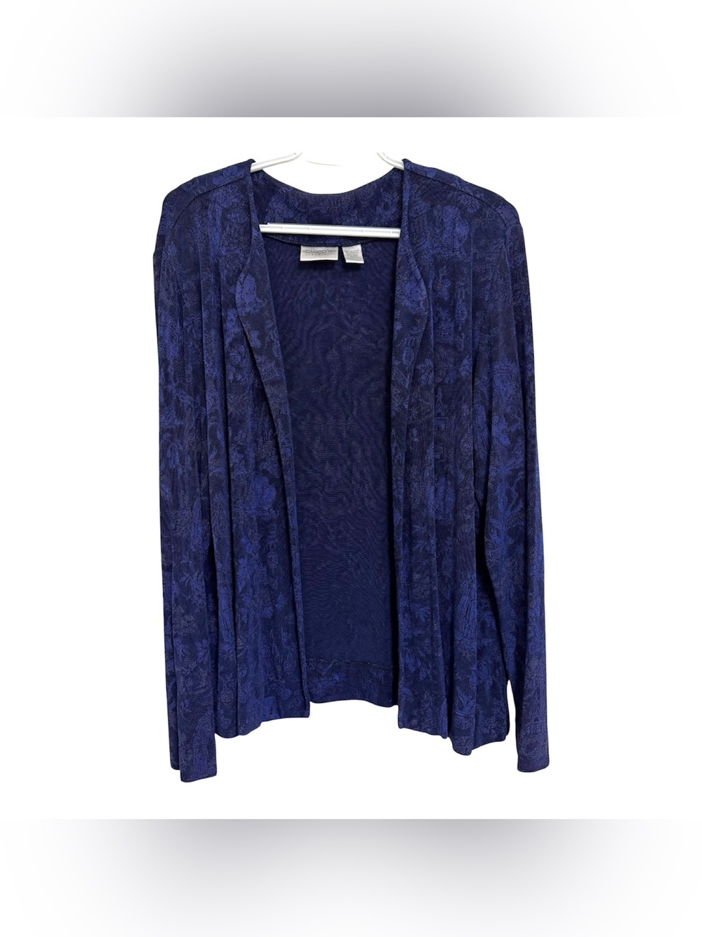 Chico's Travelers XL Open Front Slinky Knit Cardigan Floral Navy Blue LongSleeve